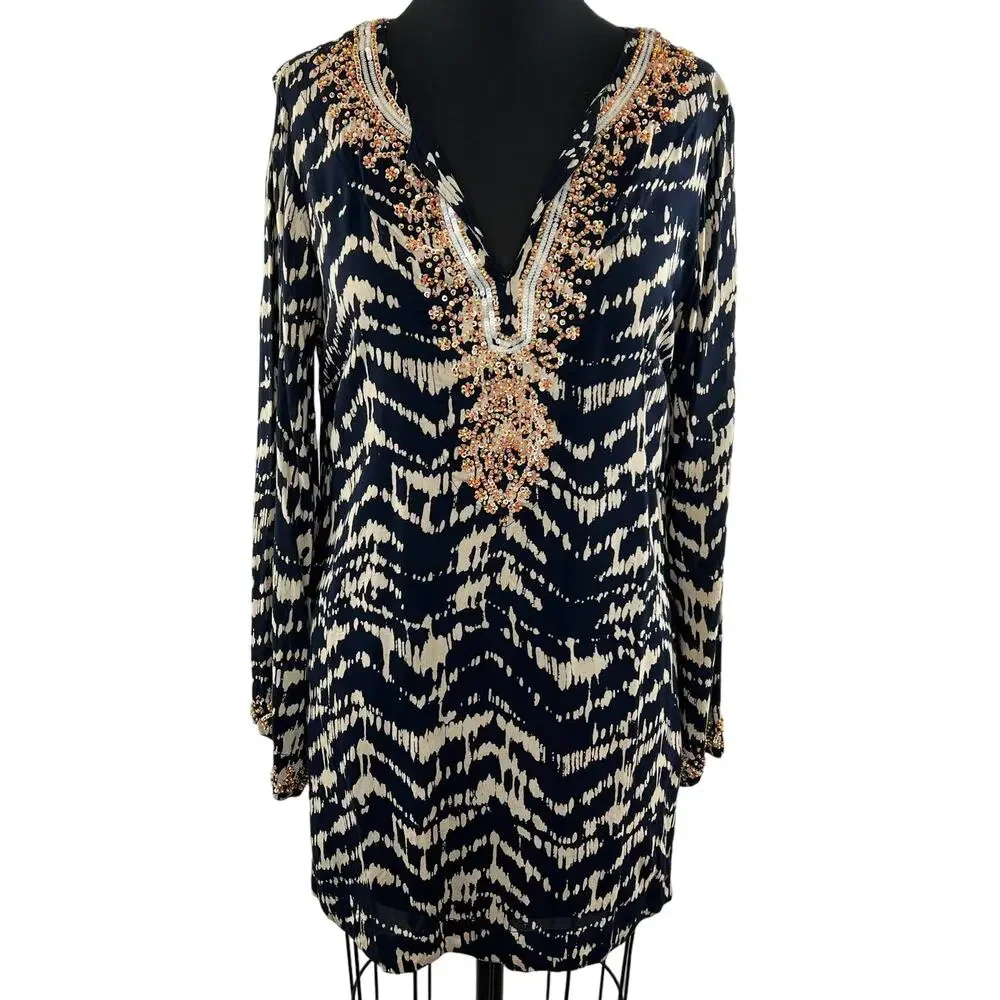 Soft Surroundings Navy Tan Split Embellished V-Neck Akira Tunic Size M ?